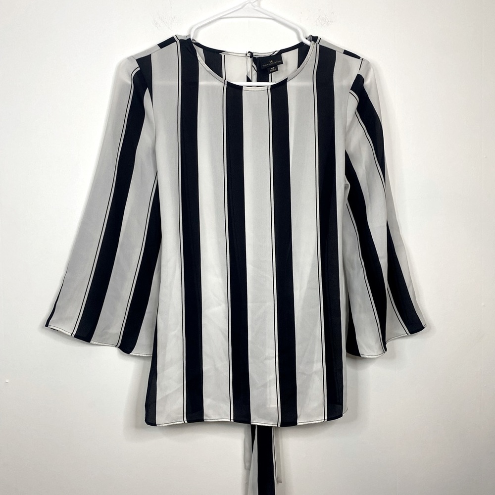 4/25$ WORTHINGTON Black White Vertical Stripe Flowy Sheer 3/4 Sleeve Blouse Top